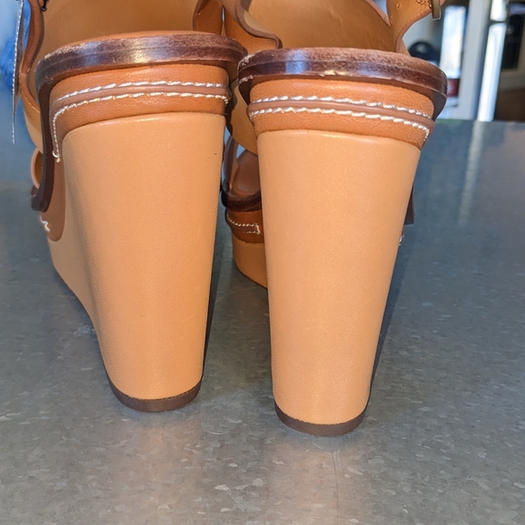 Tory Burch ~NEW SELBY 120mm Selby Wedge Sandals Brown Camel Leather Strap 9M - Picture 7 of 8